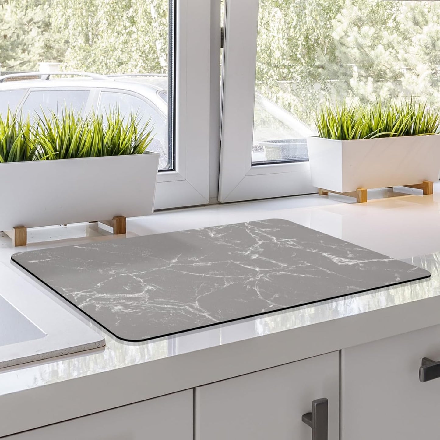 Coffee Bar Mat Dish Drying Mat - 16x24, PU Surface & Rubber Backed, Kitchen Countertop Protector, Quick Absorbent, Heat Resistant - Gray and White Marble