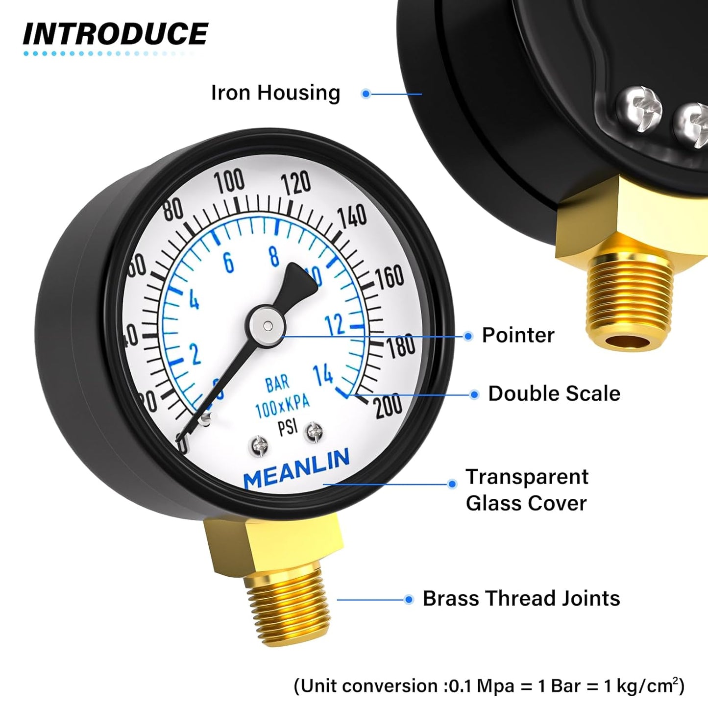 MEANLIN MEASURE 0-200Psi 2" DIAL FACE 1/8" NPT Well Pump Pressure Gauge, with 1/4" NPT and 3/8" NPT Hex Bushing, 3-2-3% Accuracy, Lower Mount