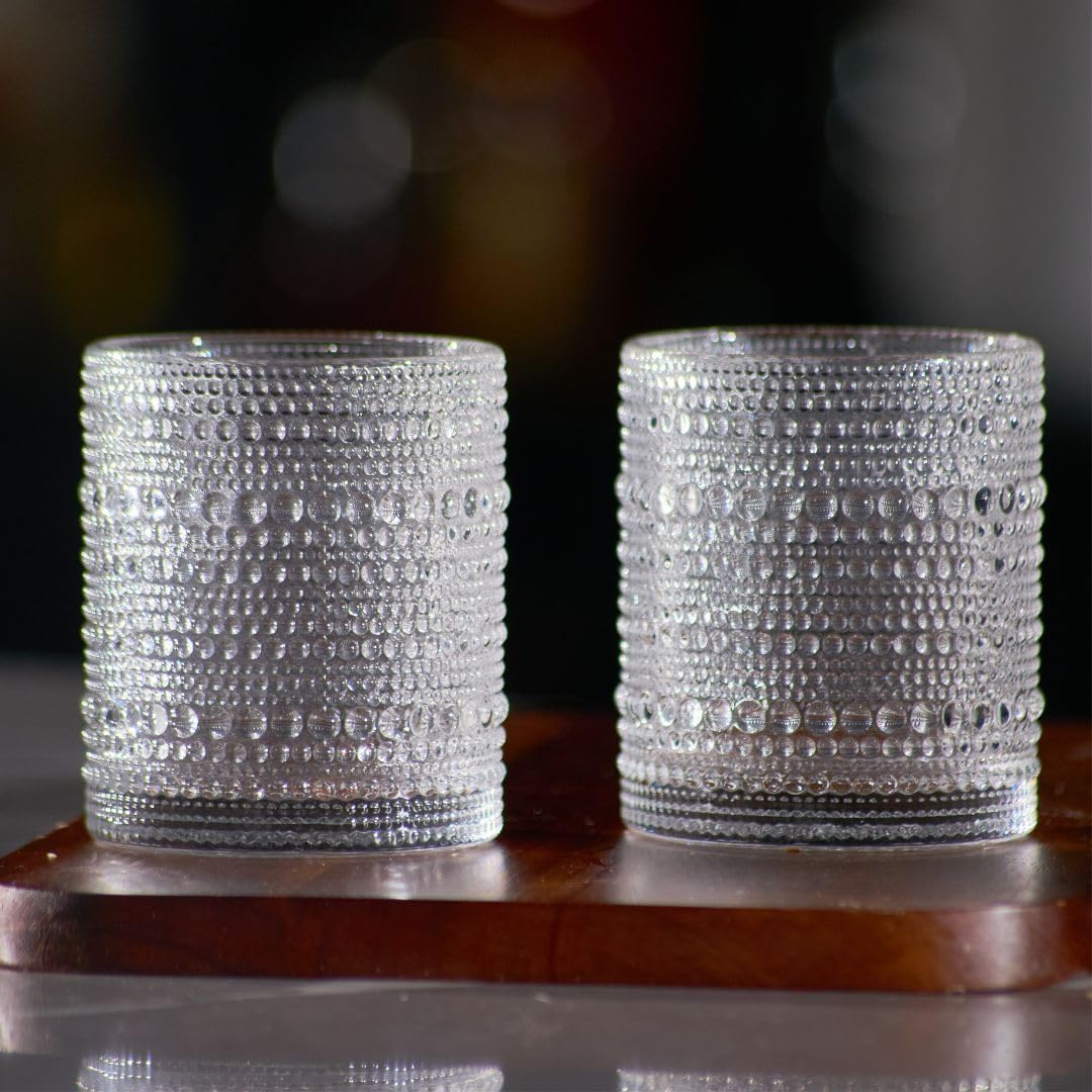 LEMONSODA Hobnail Drinking Glasses Set of 2 – Vintage Clear Lowball Glass Cups 10oz – Textured Barware Aesthetic Retro Glassware Tumblers for Water, Cocktails, Whiskey, Juice (Lowball 10oz, Set of 2)