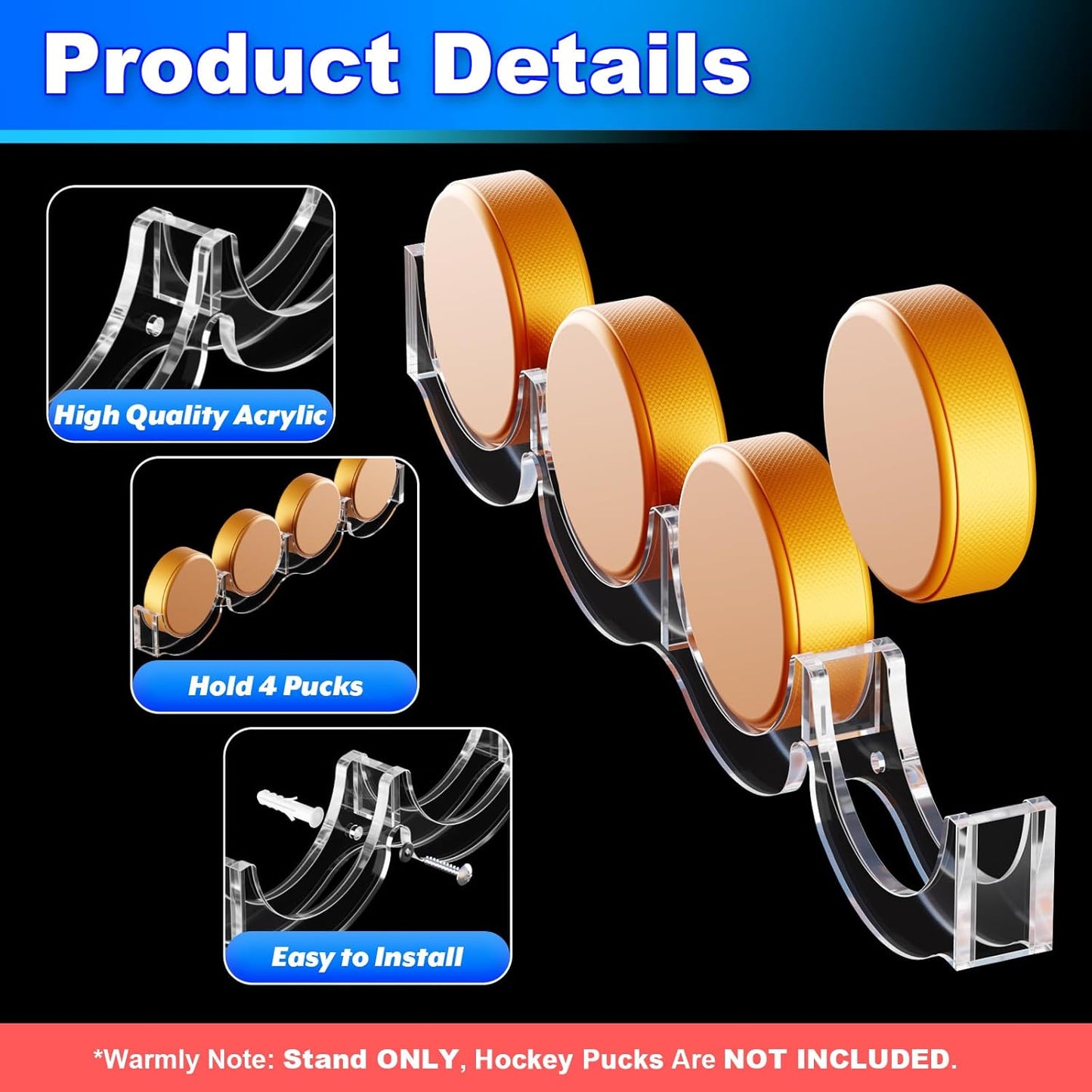 Cosmos 2 Pcs Hockey Puck Display Case Acrylic Hockey Puck Holder for 4 Pucks, Wall Mount Ice Hockey Puck Display Shelf Storage Rack for Collecting Pucks and Room Decoration, 14.6 x 2.2 x 1 in (Clear)