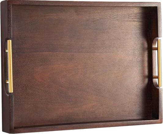 Joy&Grace Acacia Wooden Serving Tray with Metal Handles 16.7 x 12.8 inch Decorative Ottoman Tray for Living Room Coffee Table Large (Color Brown)