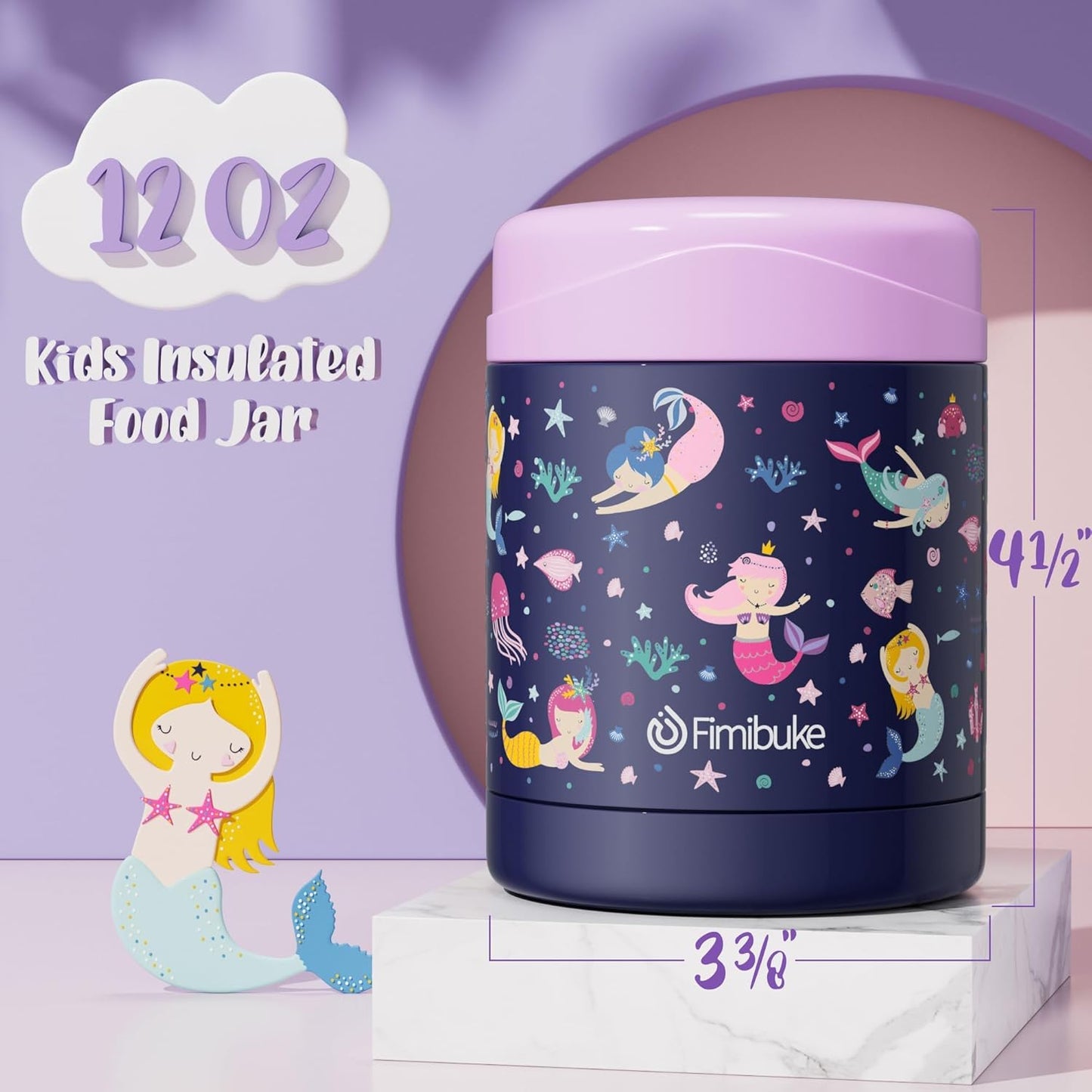 Fimibuke Insulated Kids Food Jar, 12 OZ Bpa Free Wide Mouth Stainless Steel Vacuum Thermos for Hot Cold Food for School Travel Leakproof Toddler Boy Girl Lunch Container Snack Cup for Fruits Veg Soup