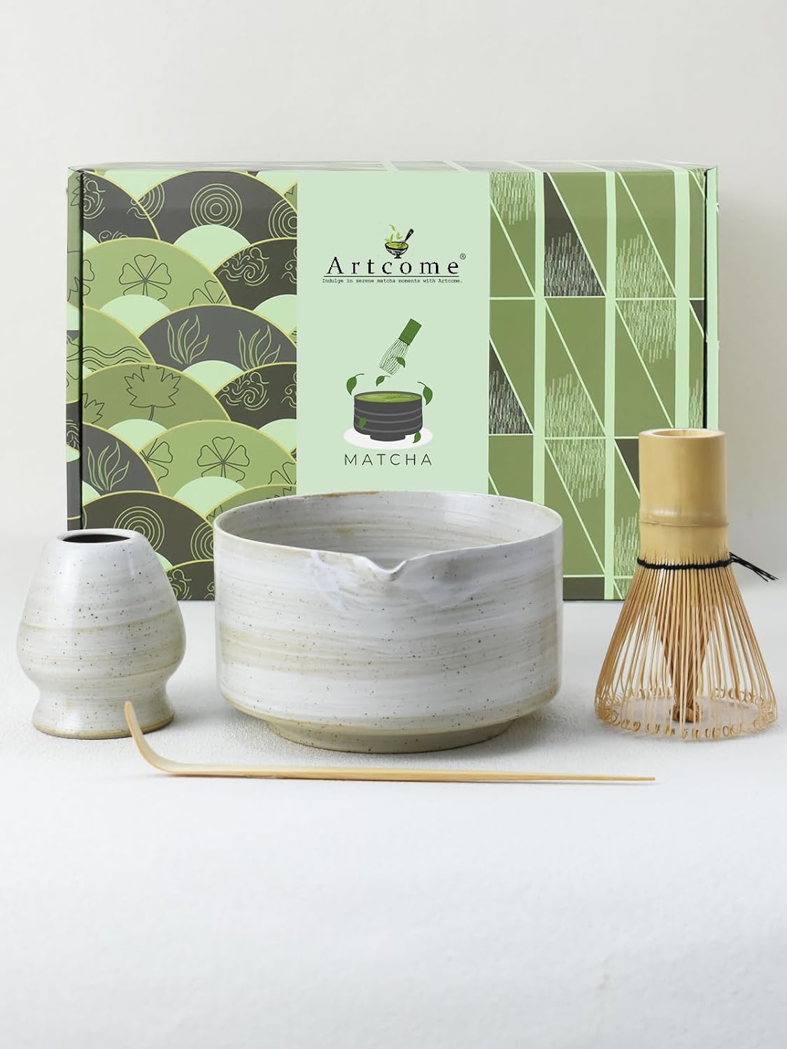 Artcome Matcha Bowl Set with Spout – Handmade Ceramic Chawan, Bamboo Whisk, Whisk Holder, Tea Scoop, and Matcha Manual – Japanese Tea Ceremony Set