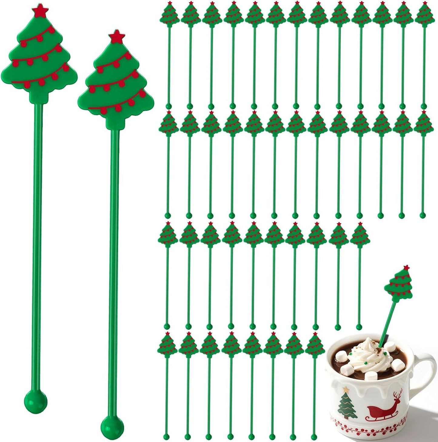 36 Pcs Christmas Drink Stirrers, Christmas Tree Cocktail Stirrers Plastic Swizzle Sticks Reusable Coffee Stirrer Stir Sticks for Xmas Holiday Party Coffee Tea Hot Cocoa Bar Supplies Decoration