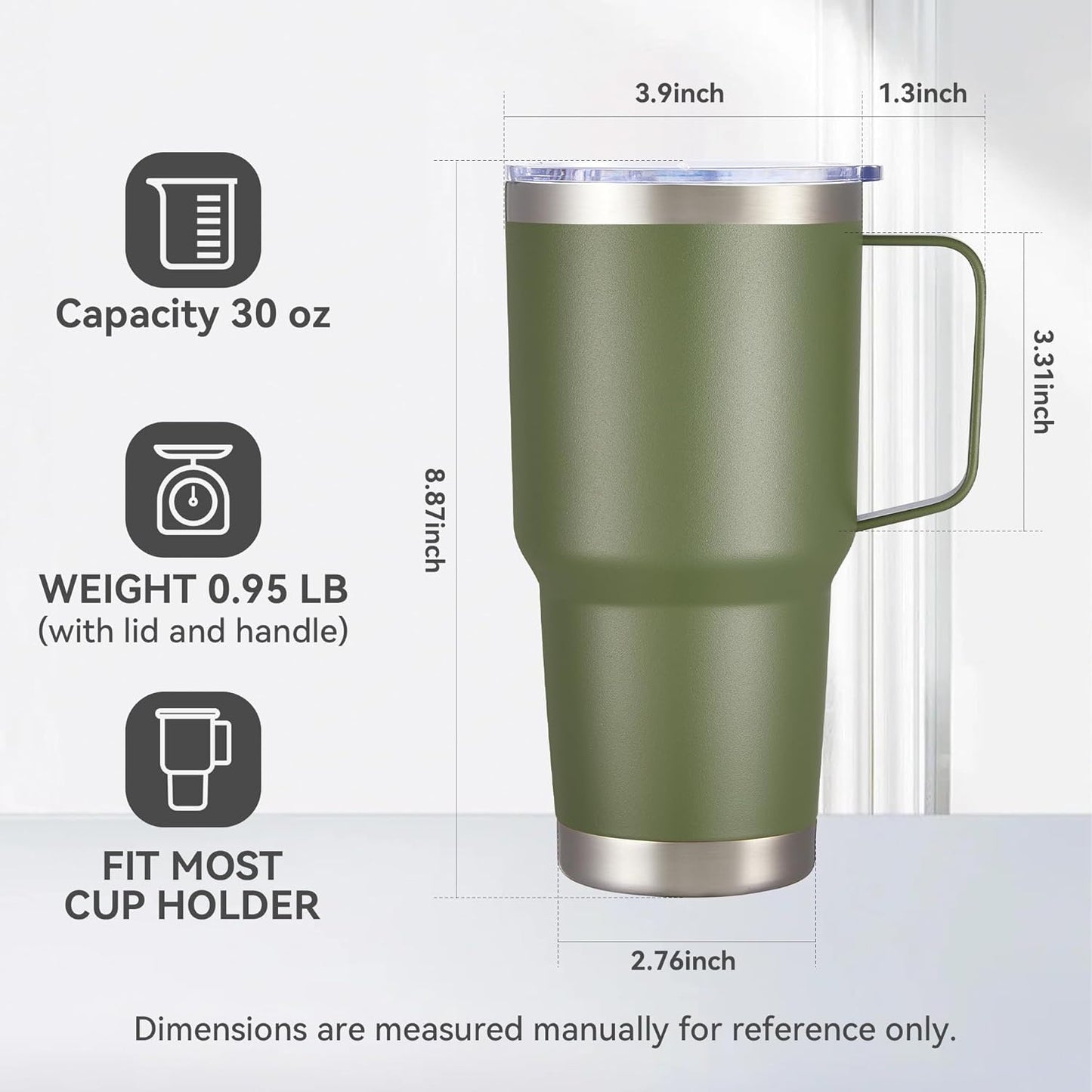 30 oz Tumbler with Handle and Lid, Stainless Steel Tumblers Bulk Double Wall Vacuum Insulated Travel Mug Leak Proof Cup Keep Drinks Cold and Hot Army Green, 8 Pack