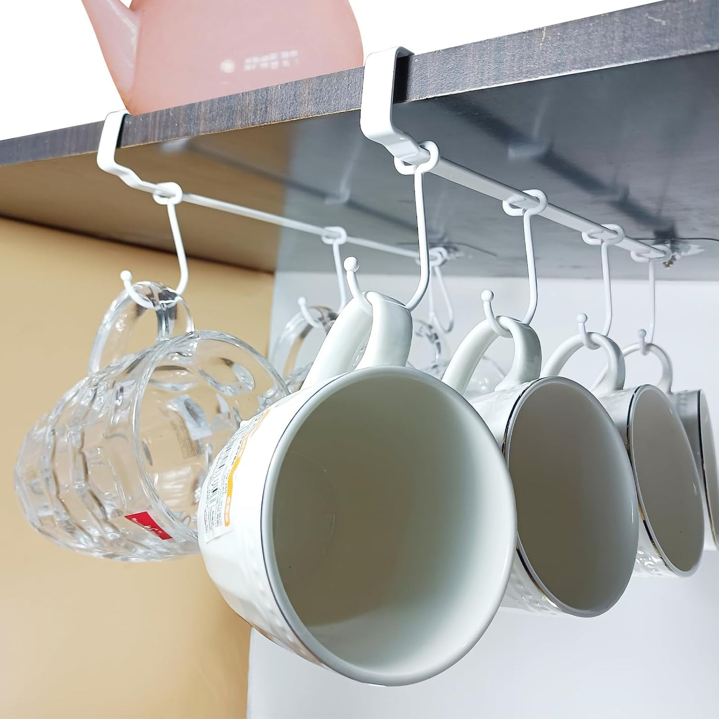 Adjustable Mug Holder Under Cabinet - Coffee Cup Holder with 8 Mug Hooks Under Shelf - White - Space Saving and Versatile