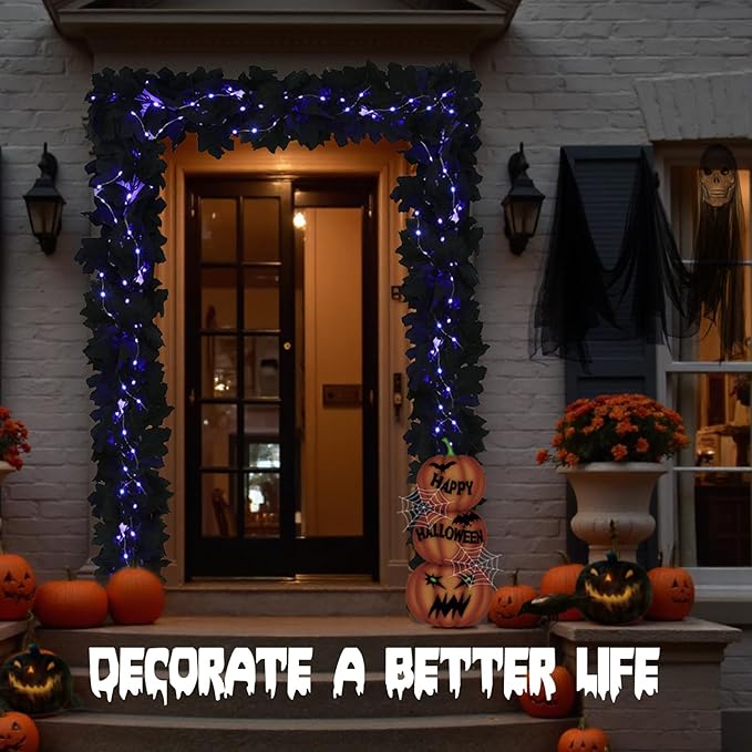 Joyhalo 2 Pack Halloween Garland with Lights, Black Maple Leaves Lighted Garland for Mantle, 5.7FT Light Up Leaf Autumn Vines Outdoor for Door Frame, Fireplace and Thanksgiving Fall Decor
