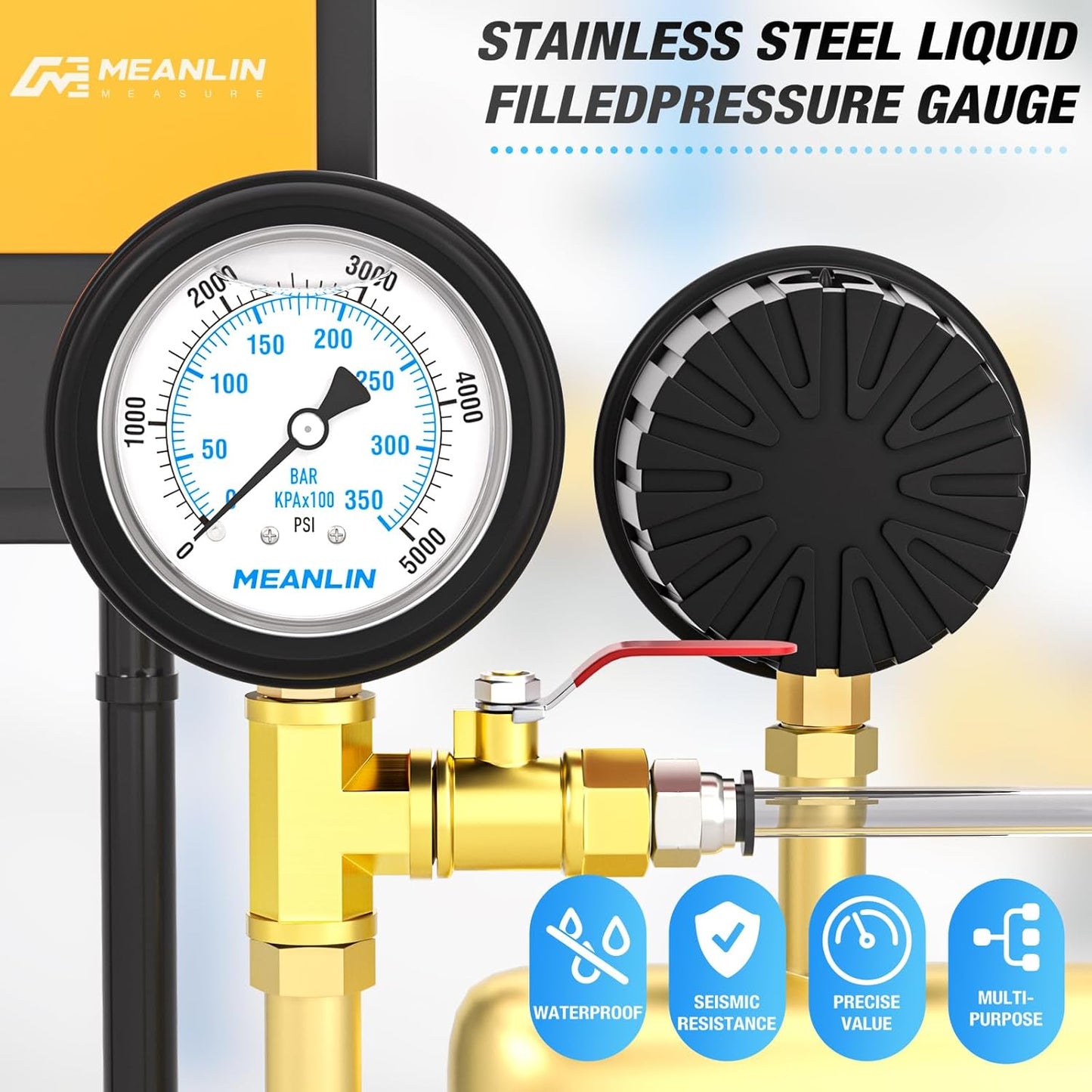 MEANLIN MEASURE 0~5000Psi Stainless Steel Liquid Filled Pressure Gauge 1/4" NPT 2.5" FACE DIAL with Rubber Protective Sleeve, Lower Mount