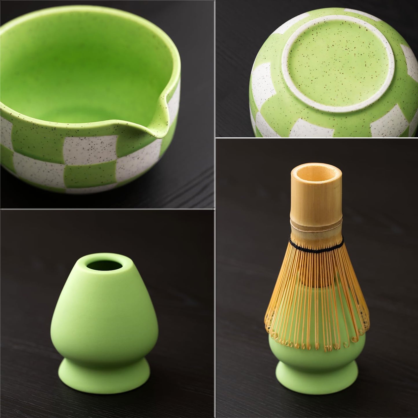 7pcs Traditional Matcha Tea Ceremony Set, green Ceramic Bowl with Bamboo Whisk, Holder and Strainer (Green grid) Elegant Matcha Set for Gifting and Personal Use, Gift Box Packaging