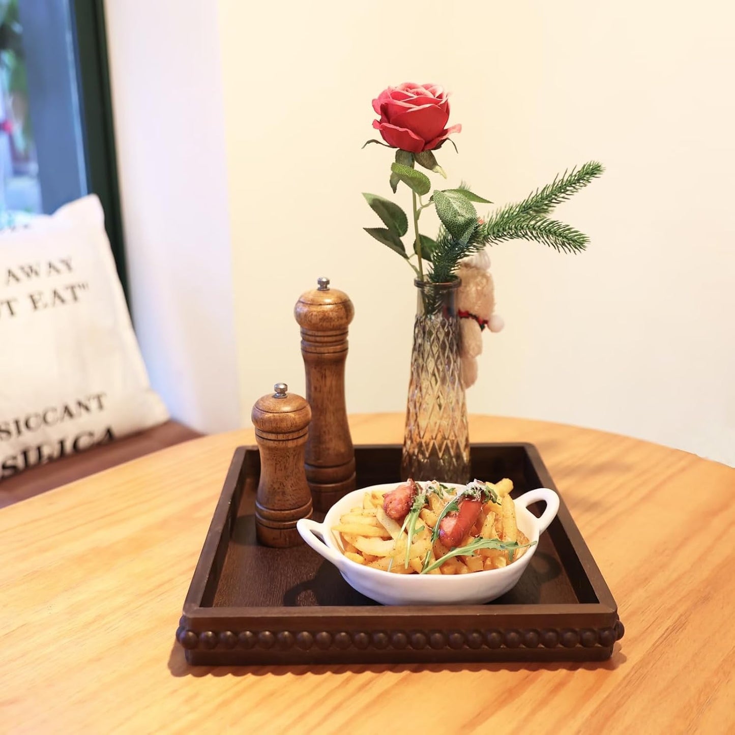 Square Wood Decorative Tray, Rustic Coffee Table Serving Tray for Ottoman, Farmhouse Kitchen Counter Organizer, Bedroom, Home Decor(Retro Brown)