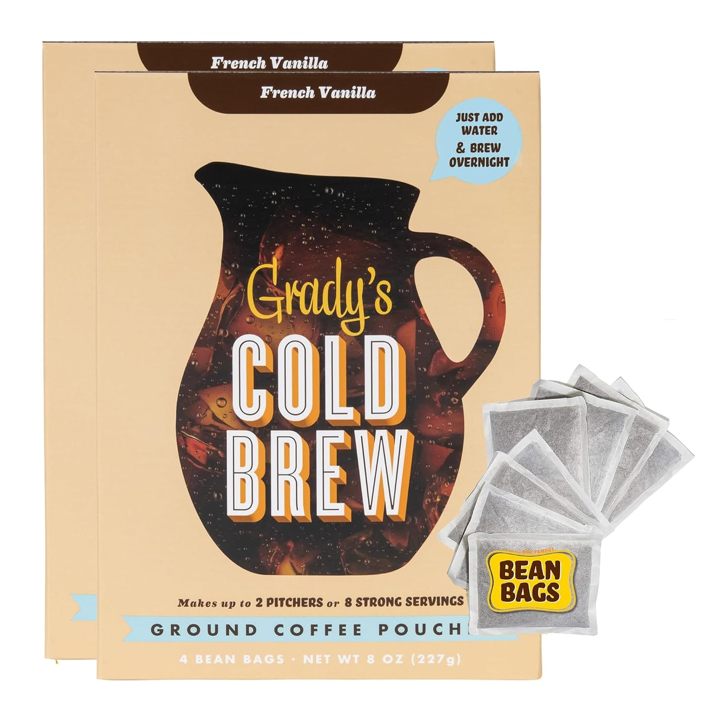 GRADY’S COLD BREW, French Vanilla, 100% Arabica Ground Coffee & Chicory Pouches, TWO Bundles of 4 Easy-to-Brew Bean Bags, Makes 24 drinks