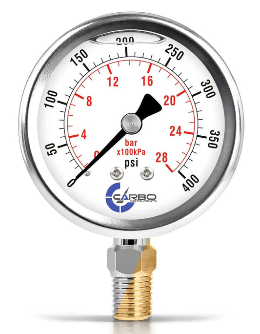 Stainless Steel Pressure Gauge Dual Display (0-400 psi/kPa) - 2 1-2" Glycerine Liquid Filled Water Air Oil Gas Gauge with Polycarbonate Lens & Brass Connection - 1/4" NPT Lower Mount