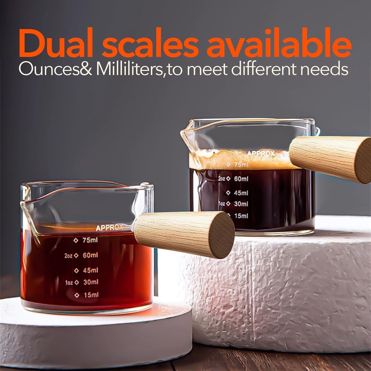 YARRAMATE 3oz Espresso Cups with Wood Handle (2 pack), Clear Glass Espresso Accessories, Double Spout Glass Measuring Cup with Dual Scale, Espresso Shot with V-Shaped Spout