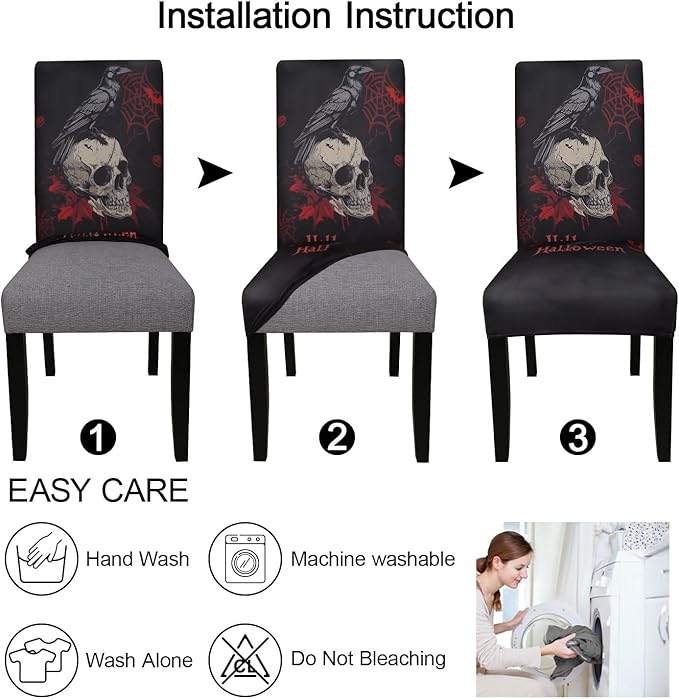 JQinHome Black Halloween Chair Slipcover,Skull Chair Covers Set of 6, High Stretch Washable Chair Protector Cover for Dining Room, Kitchen,Home Party,Wedding Ceremony(Skull Black,6PC)