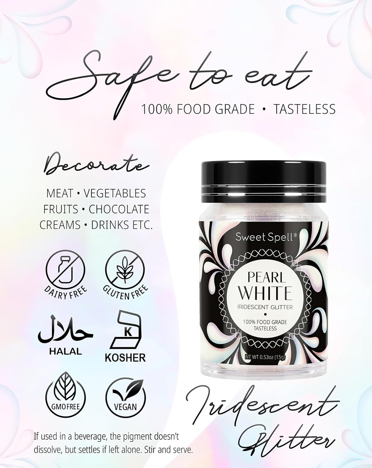Sweet Spell Edible Glitter (15g) - Shimmer Sparkles for Drinks, Cakes, Cocktails - 100% Edible & Food Grade Glitter, Vegan, Gluten-Free (Iridescent Pearl White)
