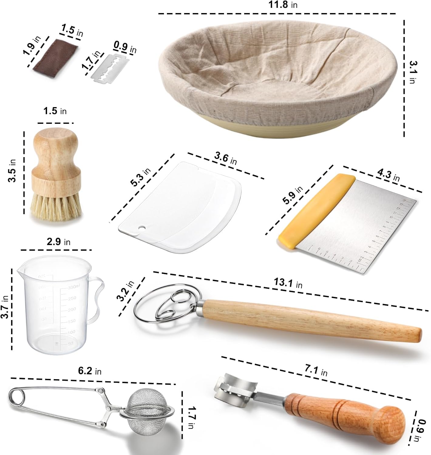 Banneton Bread Proofing Basket Set,11" Round Sourdough Bread Baking Supplies, Sourdough Starter Kit with Bread Lame,Danish Whish, Bowl Scraper,Dough Whisk for Bread Making