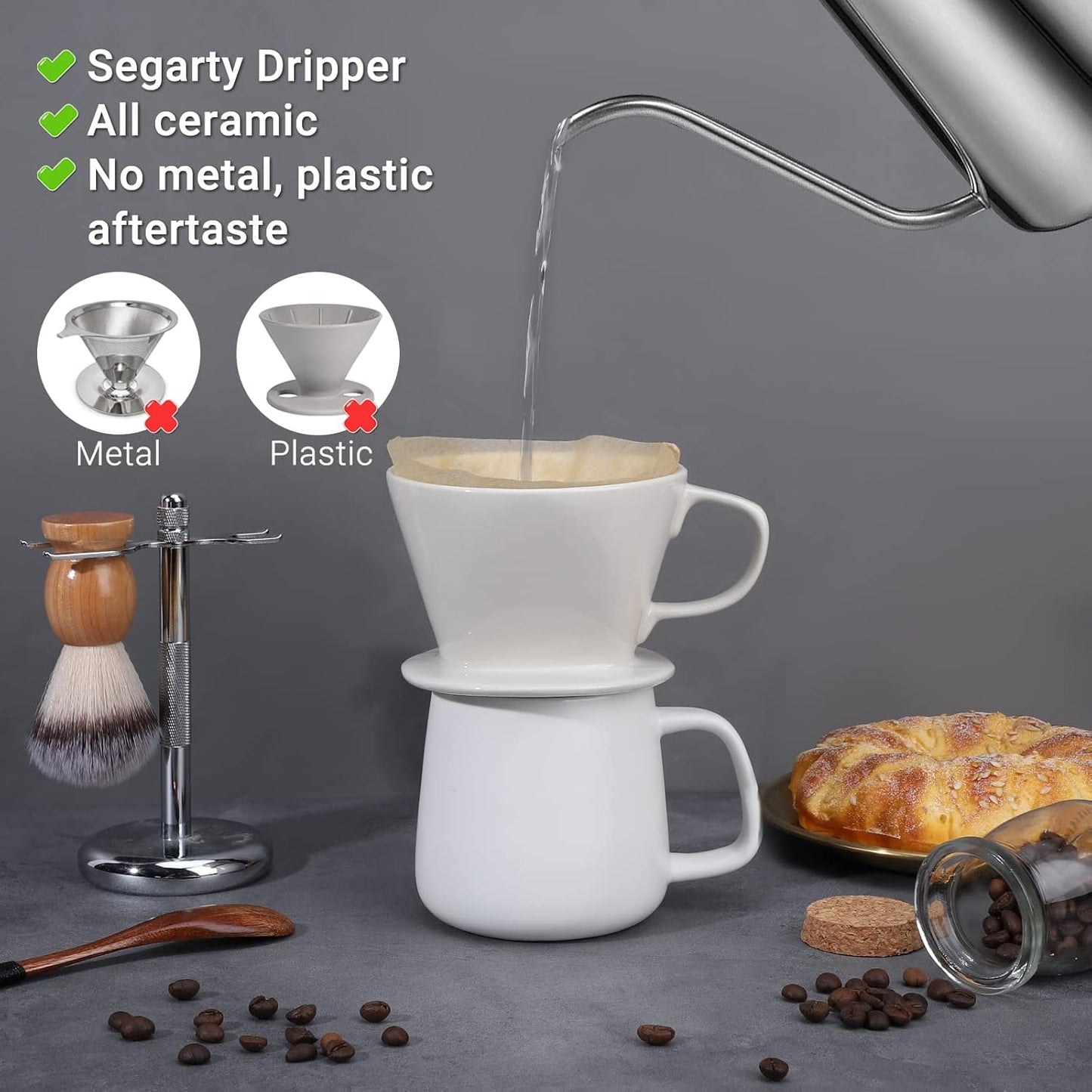 Segarty Pour Over Coffee Maker, Single Cup White Ceramic Coffee Dripper, Size No.2 Reusable Filter Cone Drip Holder Slow Brewer with 3 Holes Flat Bottom for Home, Office, Travel, Camping