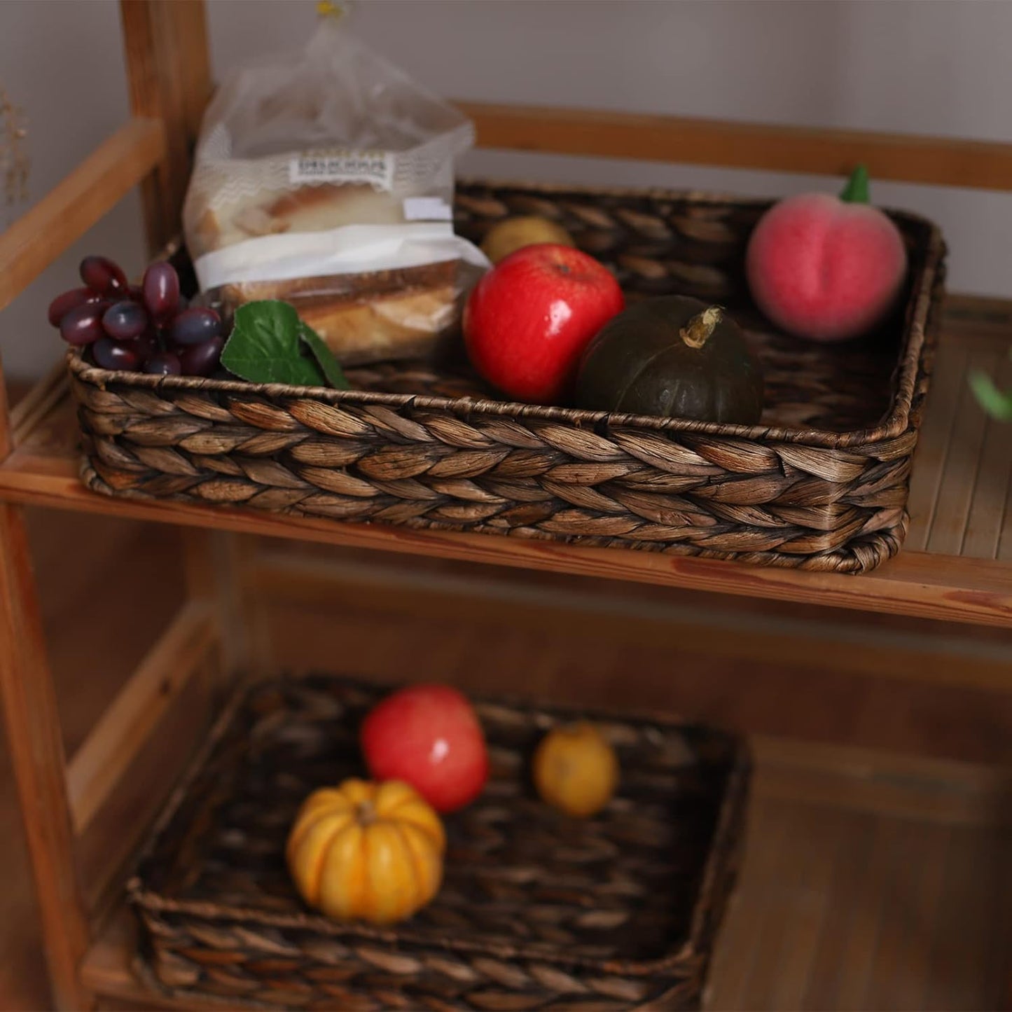 Water Hyacinth Woven Serving Tray Rectangular Hand-Woven Wicker Storage Trays for Coffee/Breakfast/Dessert/Fruit/Bread (Brown-Large)