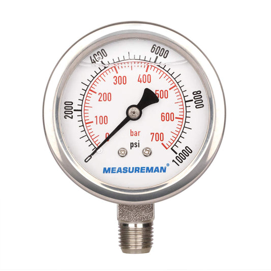 MEASUREMAN 2-1/2" dial,Glycerin Filled Hydraulics Pressure Gauge Stainless Steel case, 316 SS Wetted Part, 0-10000psi/bar1/4 NPT,Lower Mount