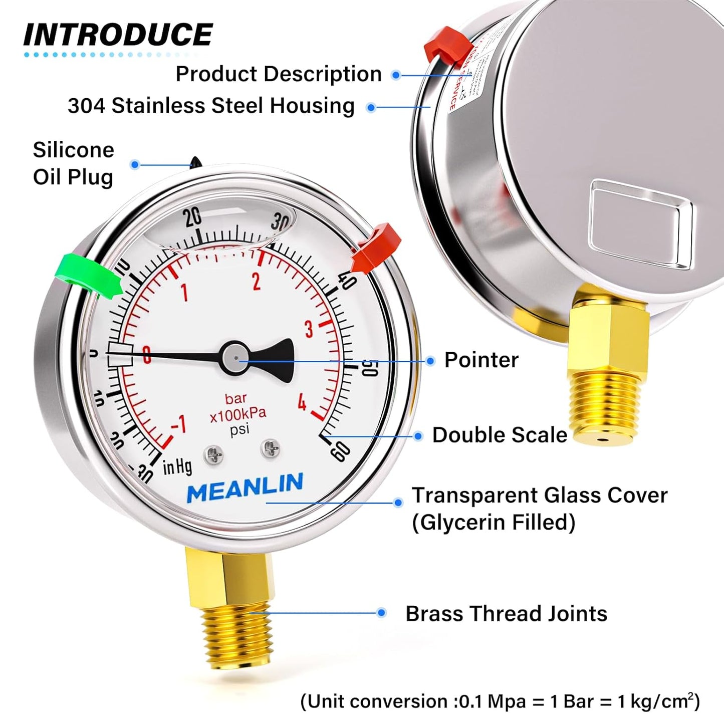 MEANLIN MEASURE -30inHG~60Psi Vacuum Pressure Gauge 1/8" NPT 2.5" FACE DIAL, Stainless Steel Liquid Filled Pressure Gauge WOG Water Oil Air Lower Mount (with 2PCS Snaps)