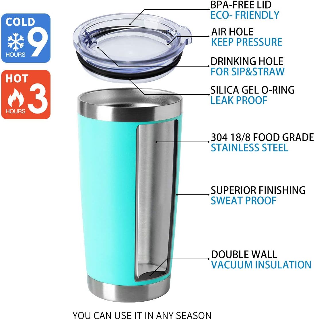 HASLE OUTFITTERS 20oz Tumblers Bulk Stainless Steel Cup with Lid Double Wall Vacuum Insulated Coffee Mug for Cold & Hot Drinks 8 Pack, Light Blue
