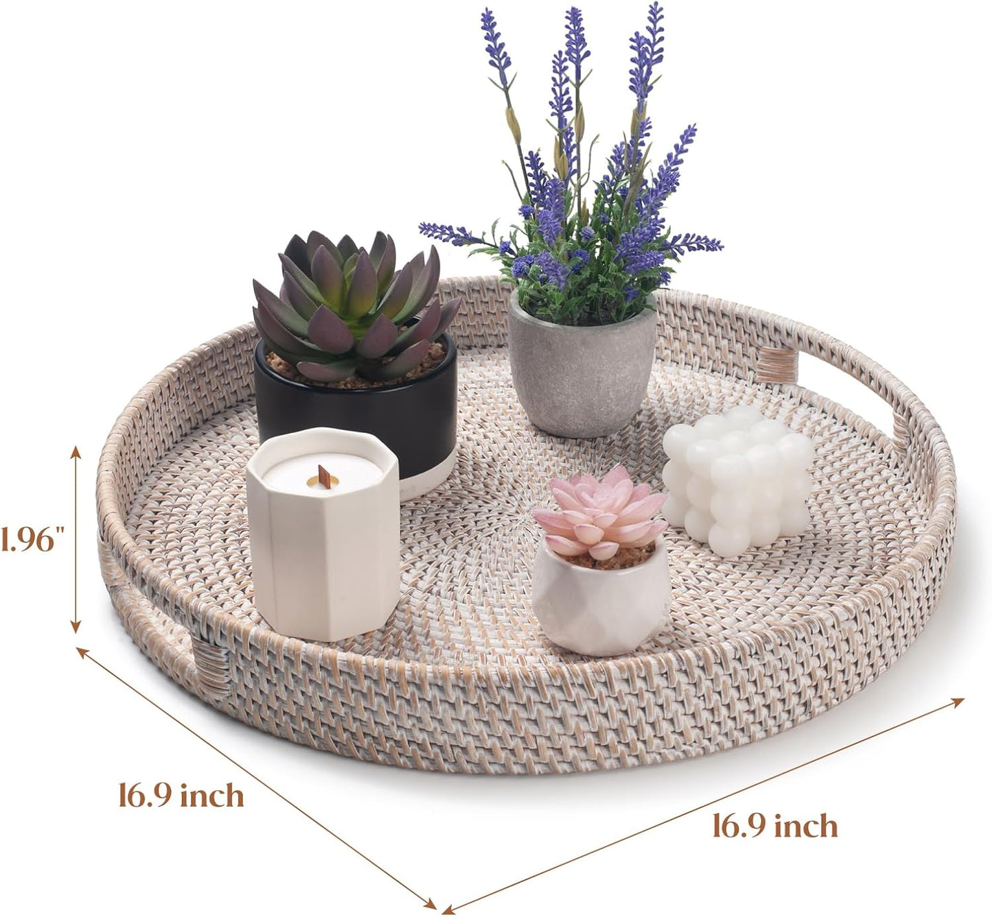 16.9 inch Round Rattan Tray, Woven Large Serving Tray with Handles, Wicker Serving Basket, Coffee Table Decor for Living Room, Whitewash