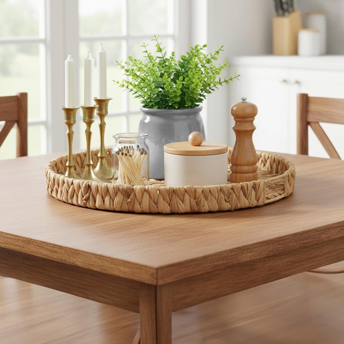 Round Ottoman Tray Large Wicker Serving Tray with Handles for Coffee Table, 18 Inch Handwoven Natural Water Hyacinth Tray