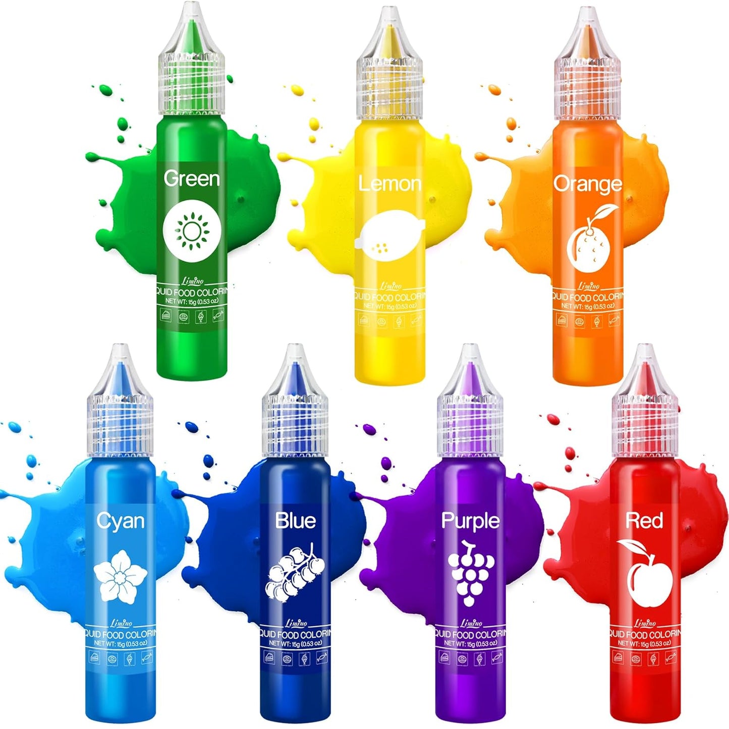 Food Coloring Set - Rainbow Edible Food Color Dye for Baking, Cake Decorating, Royal Icing, Cookie, Fondant and Macaron - 7 x 15g Food Grade Liquid Food Coloring Kit for DIY Slime and Crafts Making