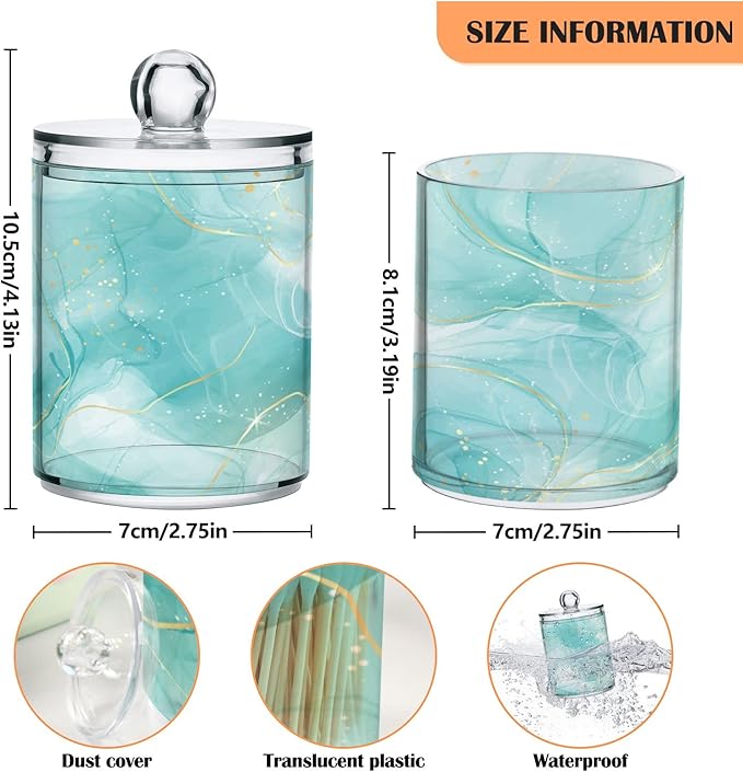 2 Pack Qtip Holder Dispenser Turquoise Marble Bathroom Storage Canister Lid Acrylic Plastic Apothecary Jar Set Vanity Makeup Organizer for Cotton Swabs/Pads/Floss