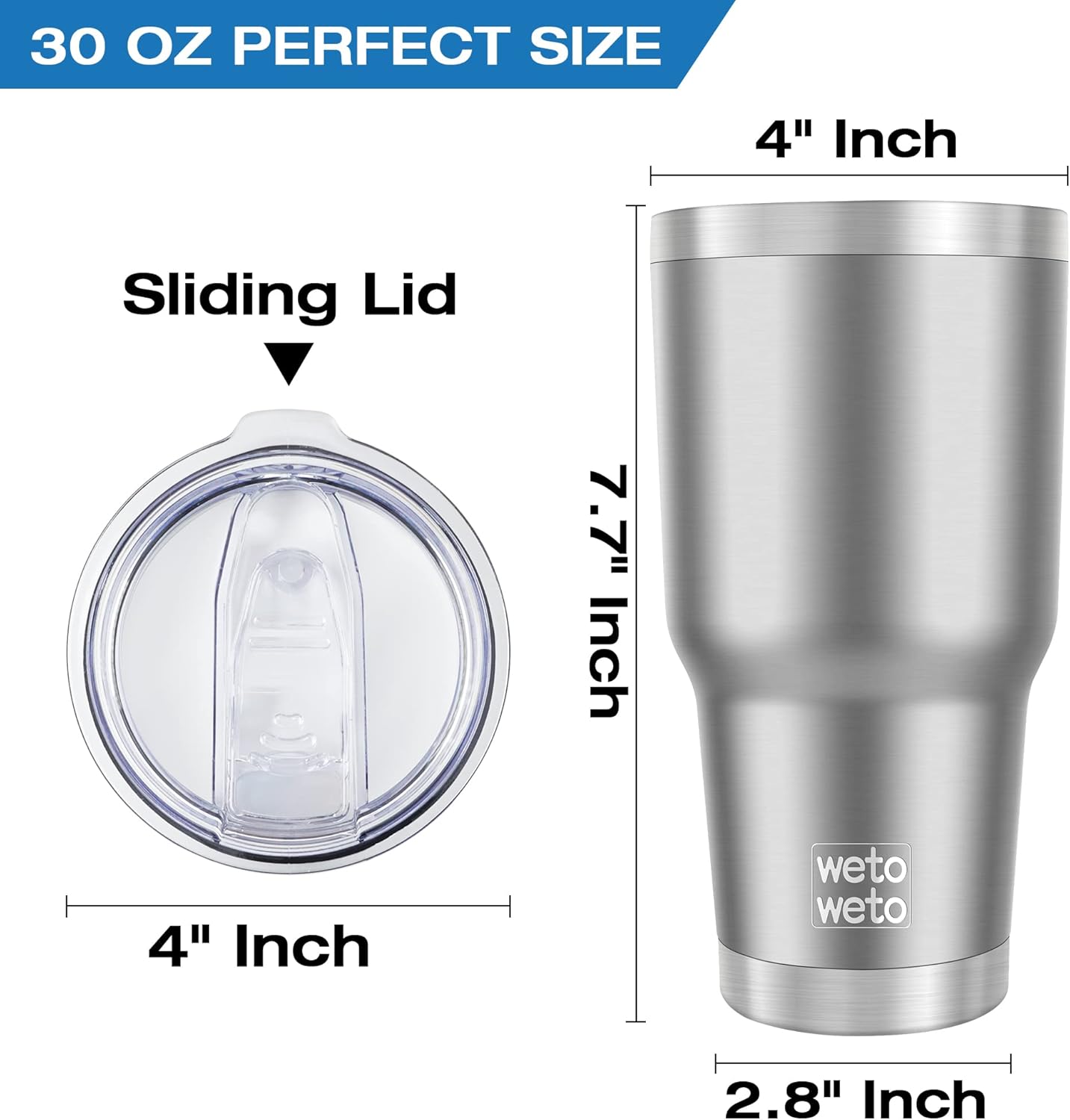 WETOWETO 30oz Tumbler, Stainless Steel Vacuum Insulated Water Coffee Tumbler Cup, Double Wall Powder Coated Spill-Proof Travel Mug Thermal Cup for Home Outdoor (Stainless, 1 Pack)