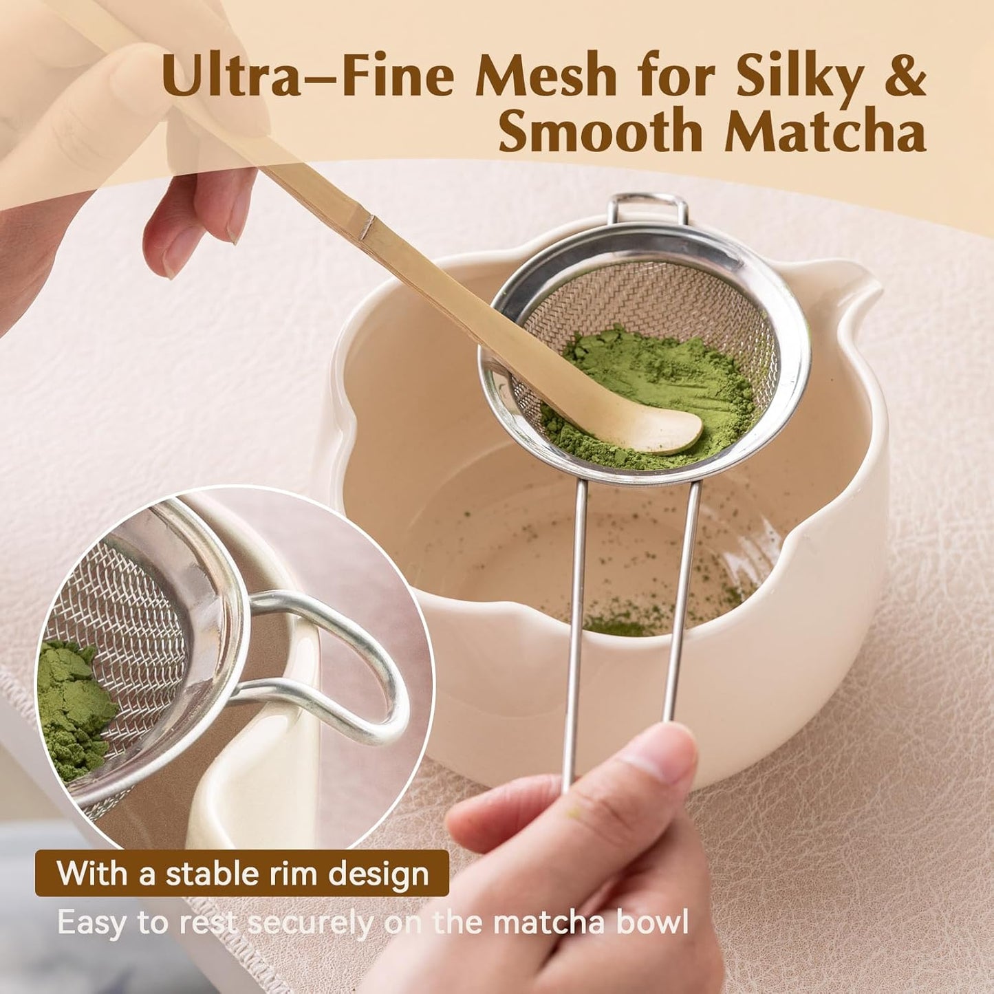 Matcha Set, 8Pcs Floral Ceramic Matcha Set with Matcha Whisk, Holder, Scoop, Scoop Rest, Sifter, Spoon and Tea Towel - Thoughtful Matcha Whisk Set Gift for Matcha Lovers (Beige)