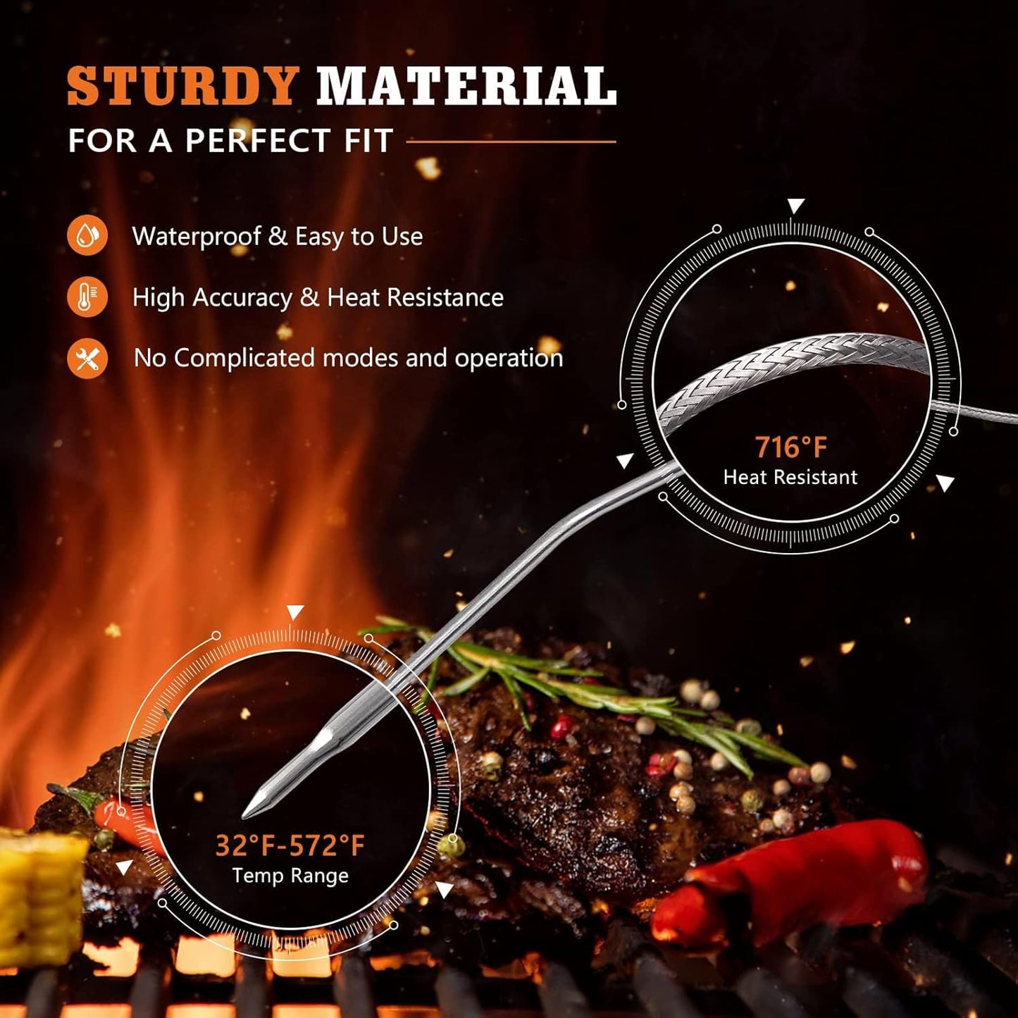 Meat Thermometer Probe Replacement for Thermopro Thermometers TP04, TP06, TP06S, TP07, TP07S, TP08, TP08S, TP09, TP09B, TP10, TP16, TP-16S, TP17, TP20, TP25, 2.5mm