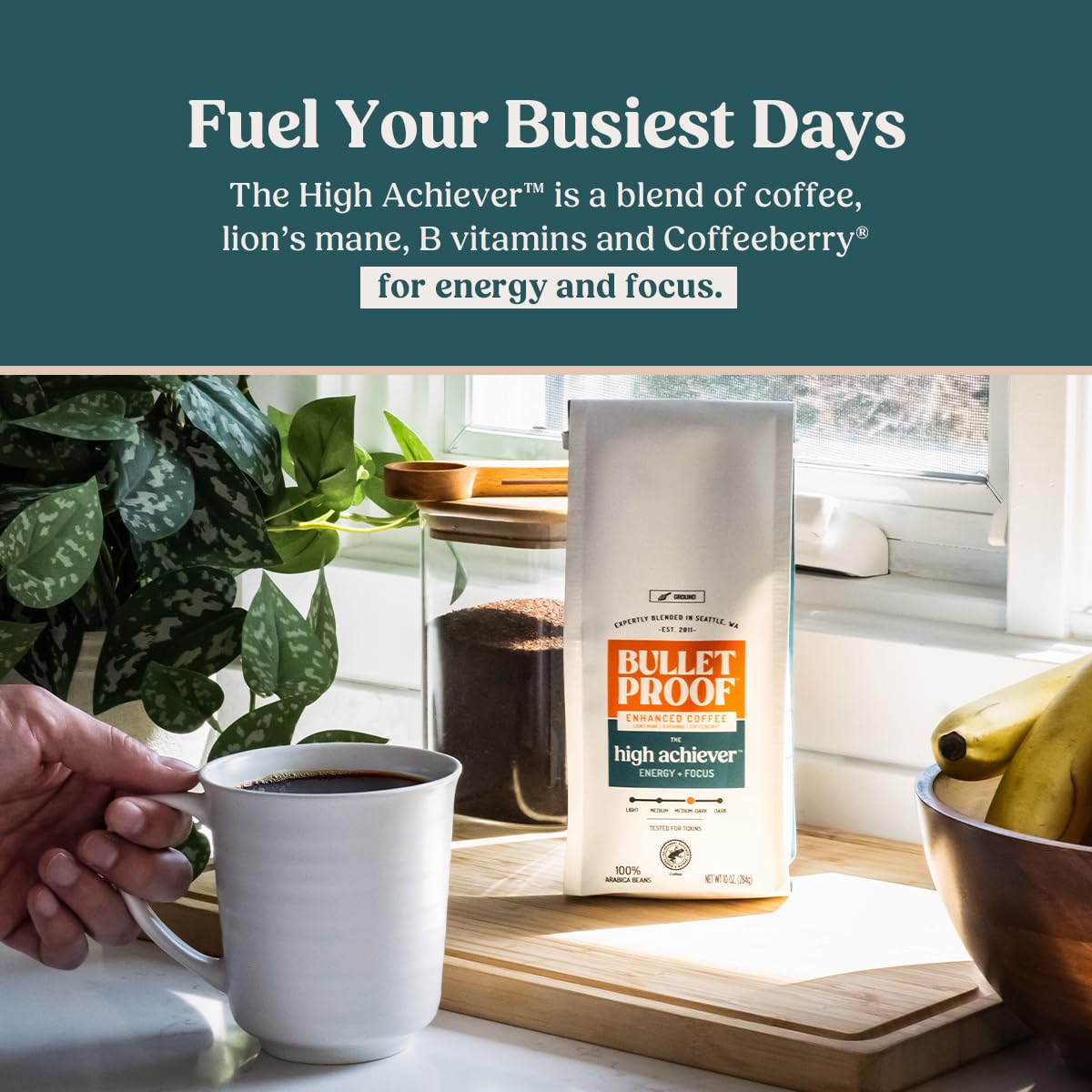 Bulletproof The High Achiever Ground Mushroom Coffee, 10oz (Pack of 3), High Caffeine with Lion's Mane, B Vitamins and Adaptogens for Energy & Focus, Medium-Dark Roast