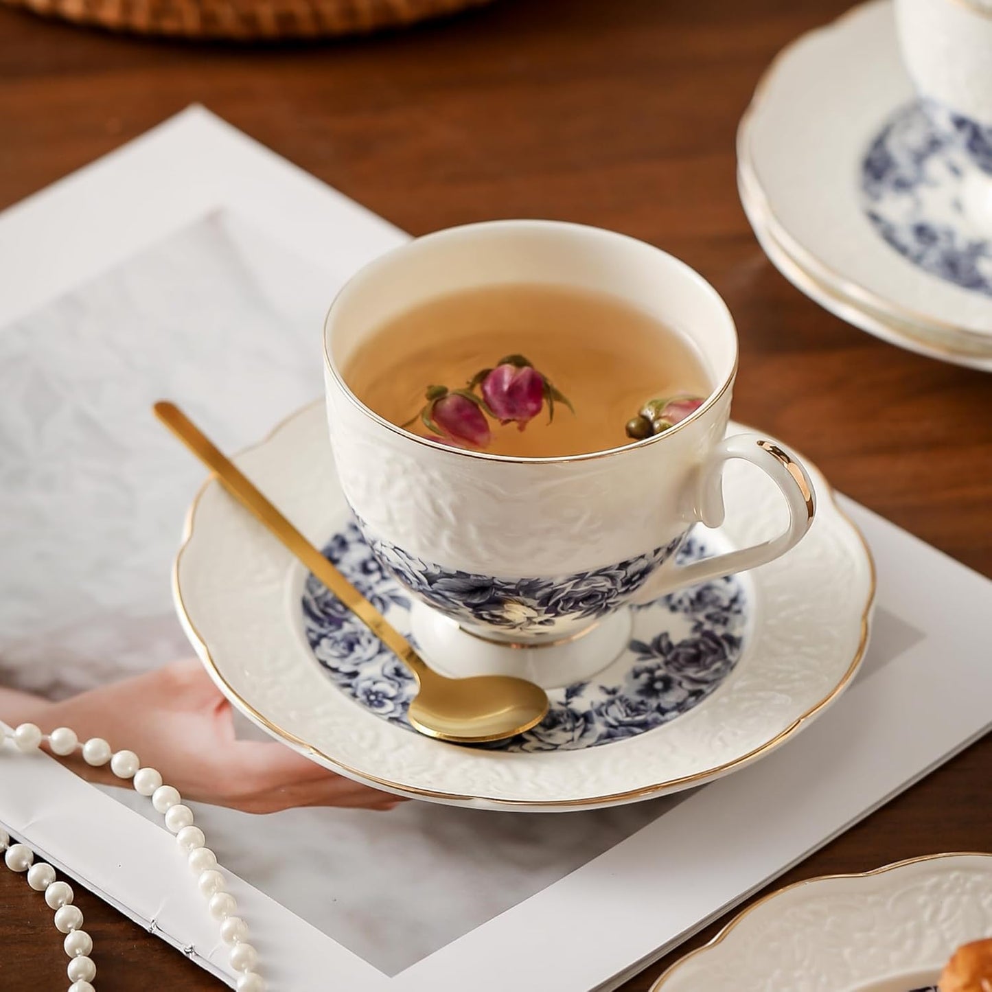 TATSUMI Interglio Embossed Bone China Tea Cup and Saucer Set, 3 Pieces Vintage Style Coffee Cup & Saucer Set For Women Wedding Gift (Starry Sky Rose, 1 set)