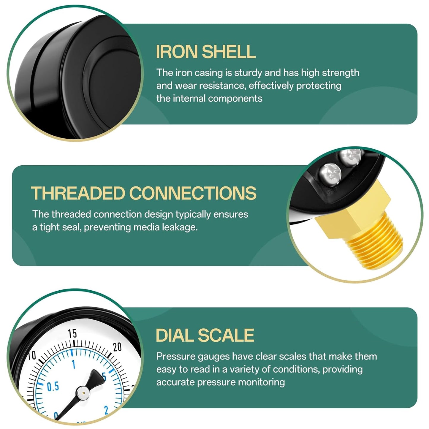 0-200PSI Well Pump Pressure Gauge 2" Dial Size, 1/8" NPT Lower Mount, 3-2-3% Accuracy, for Tube, Water Pump, Gas, Liquid, Pressure Test
