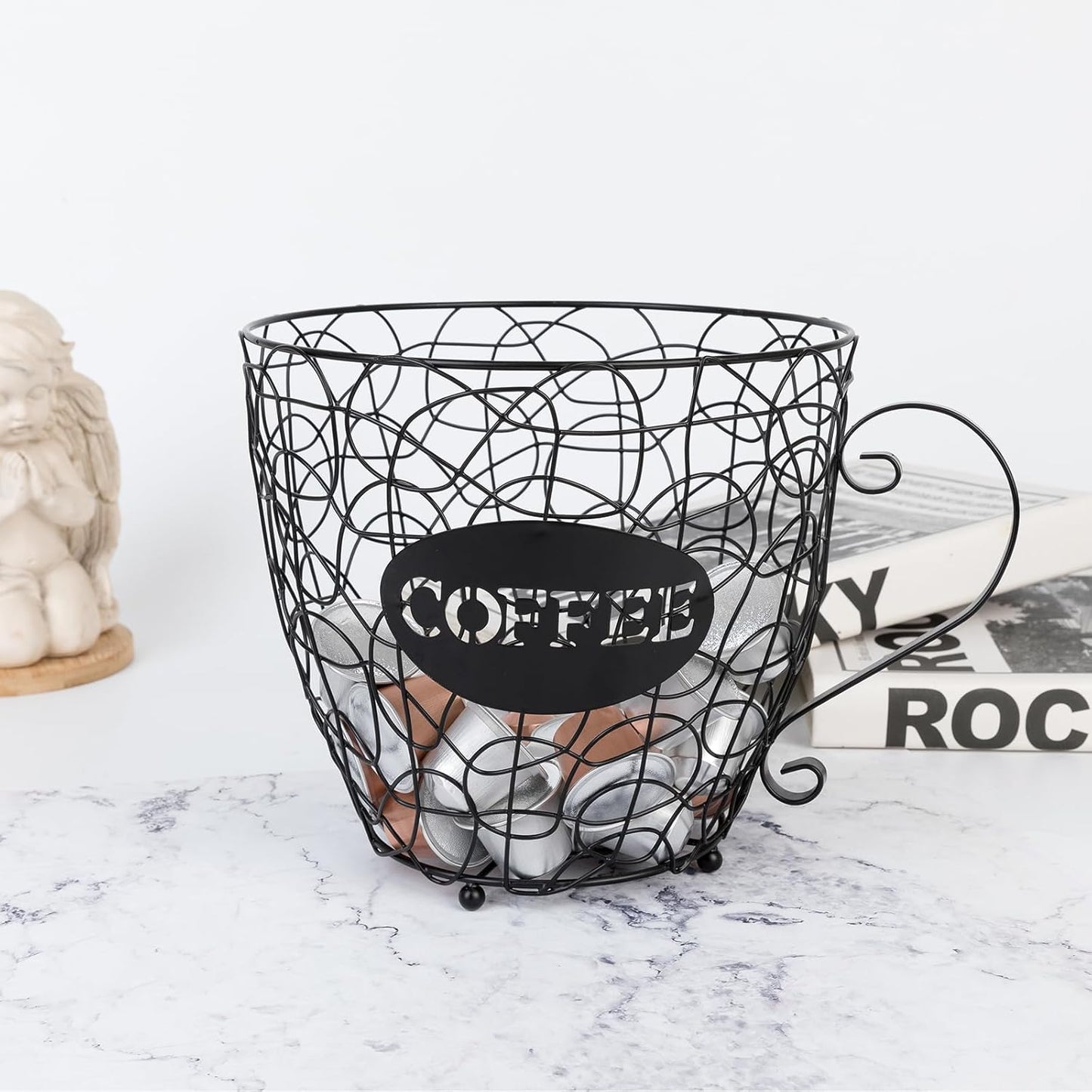 Coffee Pod Holder, Super Large Capacity K-Cup & Nespresso Capsule Basket, XL Metal Kcup Storage, Bar Organizer for Kitchen Dinning Room Office Home Cafe Hotel (Black-Round-Cup)