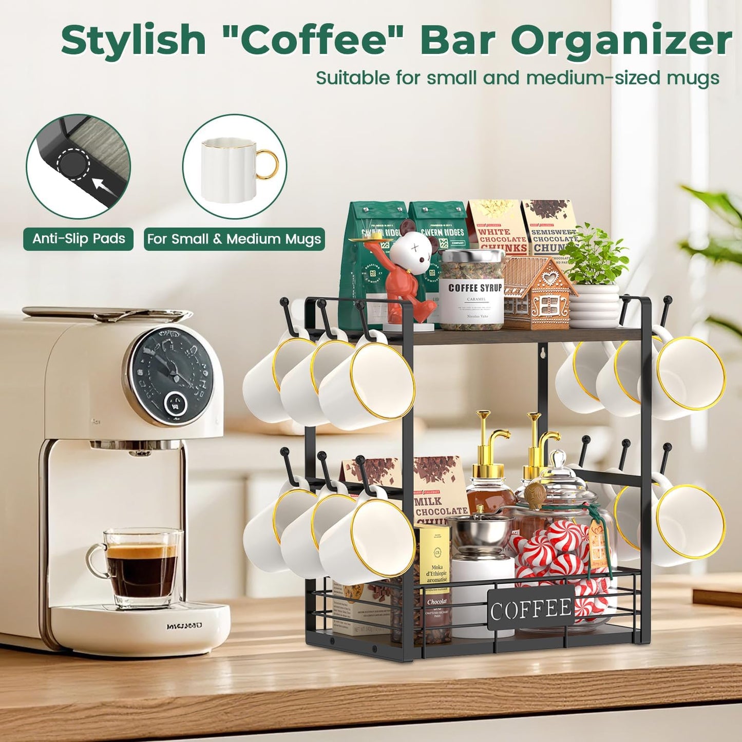 EsLuker.ly Coffee Mug Cup Holder Tree Bar Station Organizer, 2 Tier Mug Stand Rack for Countertop Kitchen, Storage Tower Display Shelf with 12 Hooks, Coffee Nook Enhancer, Brown-Black