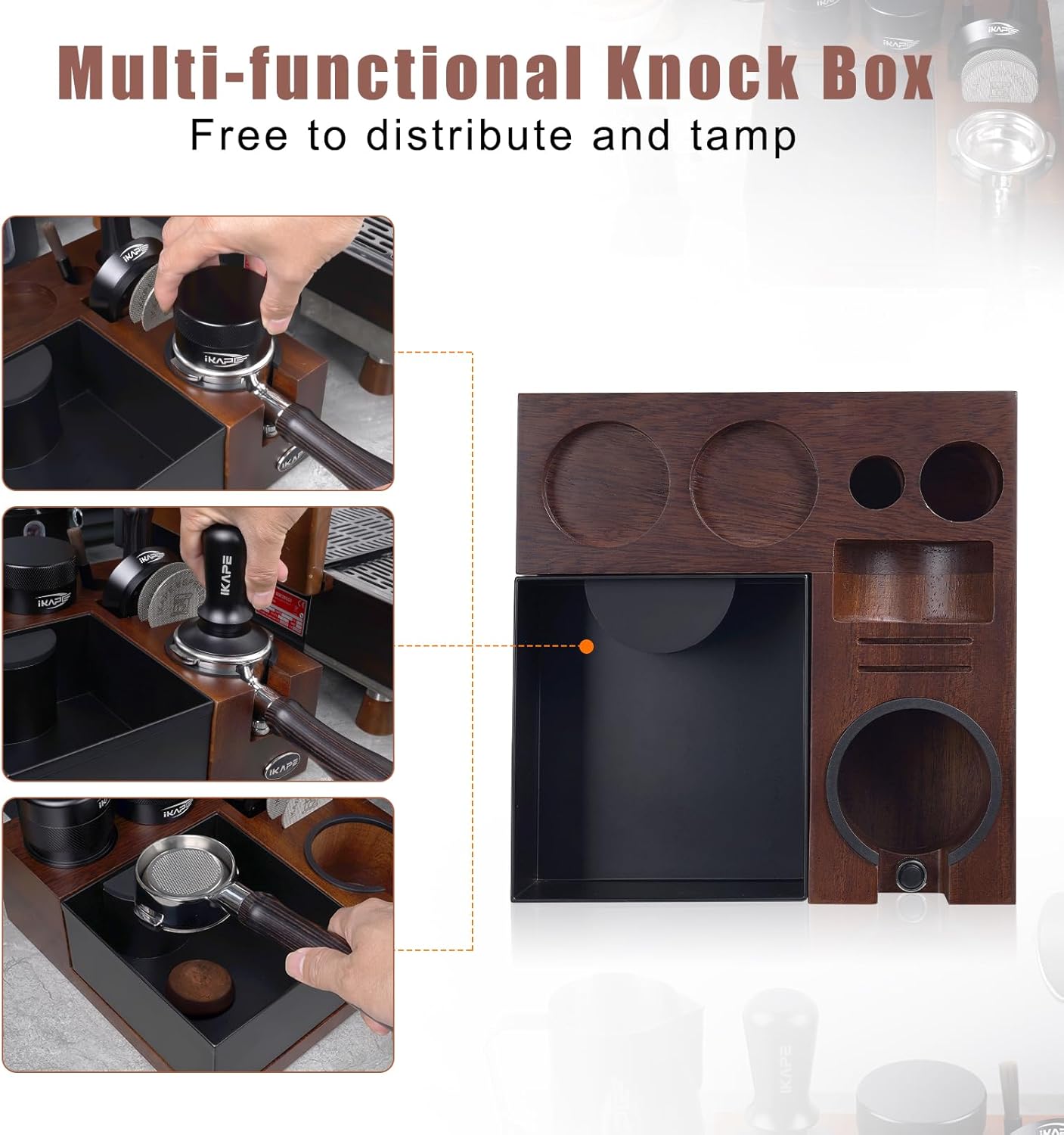 IKAPE V5 Espresso Knock Box, Espresso Coffee Organizer Box Fit for Storage 51, 54, 58MM Espresso Tamper, Distributor, Portafilter & Puck Screen Accessories, Natural Sandywood Station Base(9 IN One)