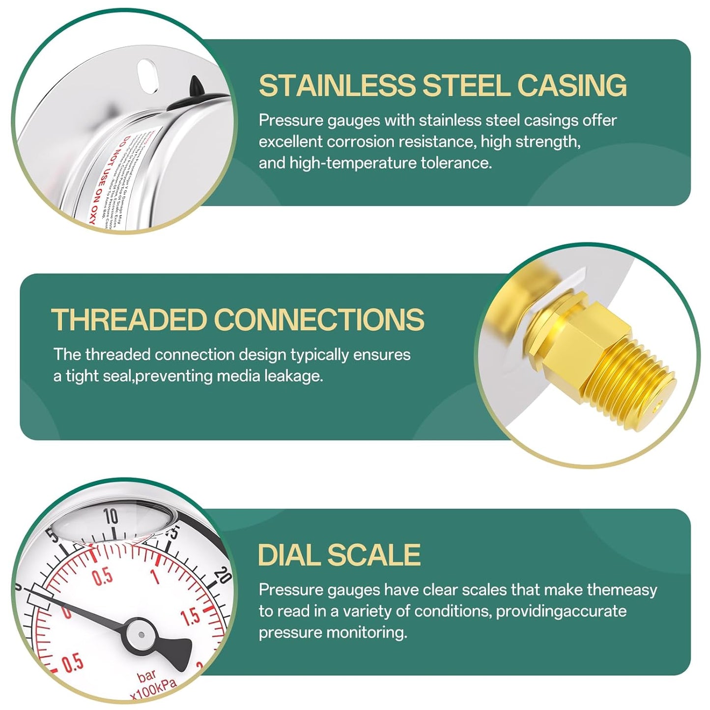 -30inHG-30PSI Panel Mount Front Flanged Glycerin Filled Pressure Gauge, 2.5" Dial Size, 1/4" MNPT Back Mount, Stainless Steel Case, with Phillips Screw and Nut, for Water, Gas, Liquid