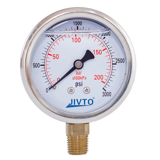 Pressure Gauge,Glycerin Liquid Filled,2.5" Dual Scale Dia,0-3000 psi/bar/kpa,1/4" NPT Male Brass Connection,Lower Mount, Stainless Steel Case,for Pneumatic,Pump,Hose,Well Tank,Gas Air Water Oil