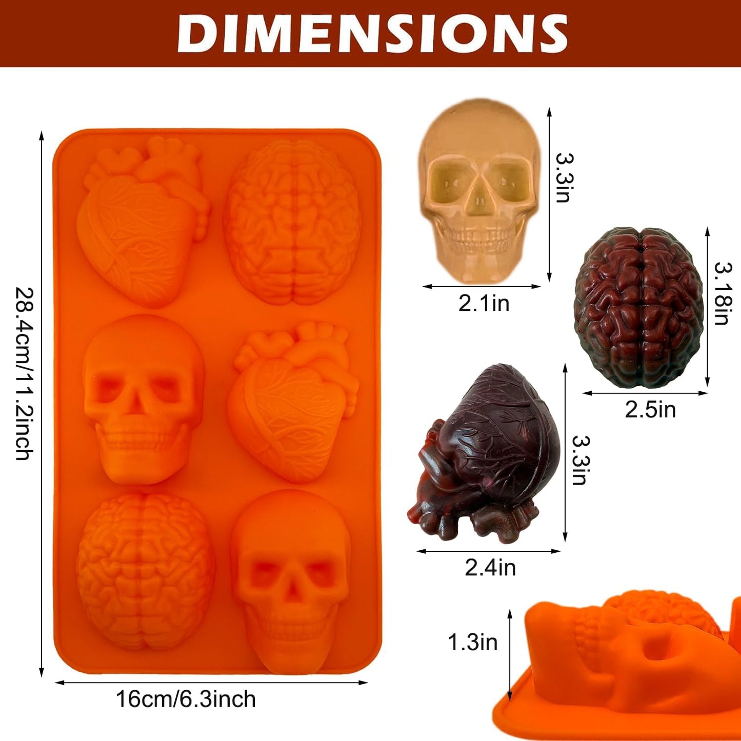 2 Pack Brain Heart Skull Cake Mold, 3D Human Organ Brain Jello Mold Halloween Silicone Molds Heart Skull Brain Chocolate Mold for Halloween Baking Mini Cakes Soap Candle Muffin Pudding Dessert