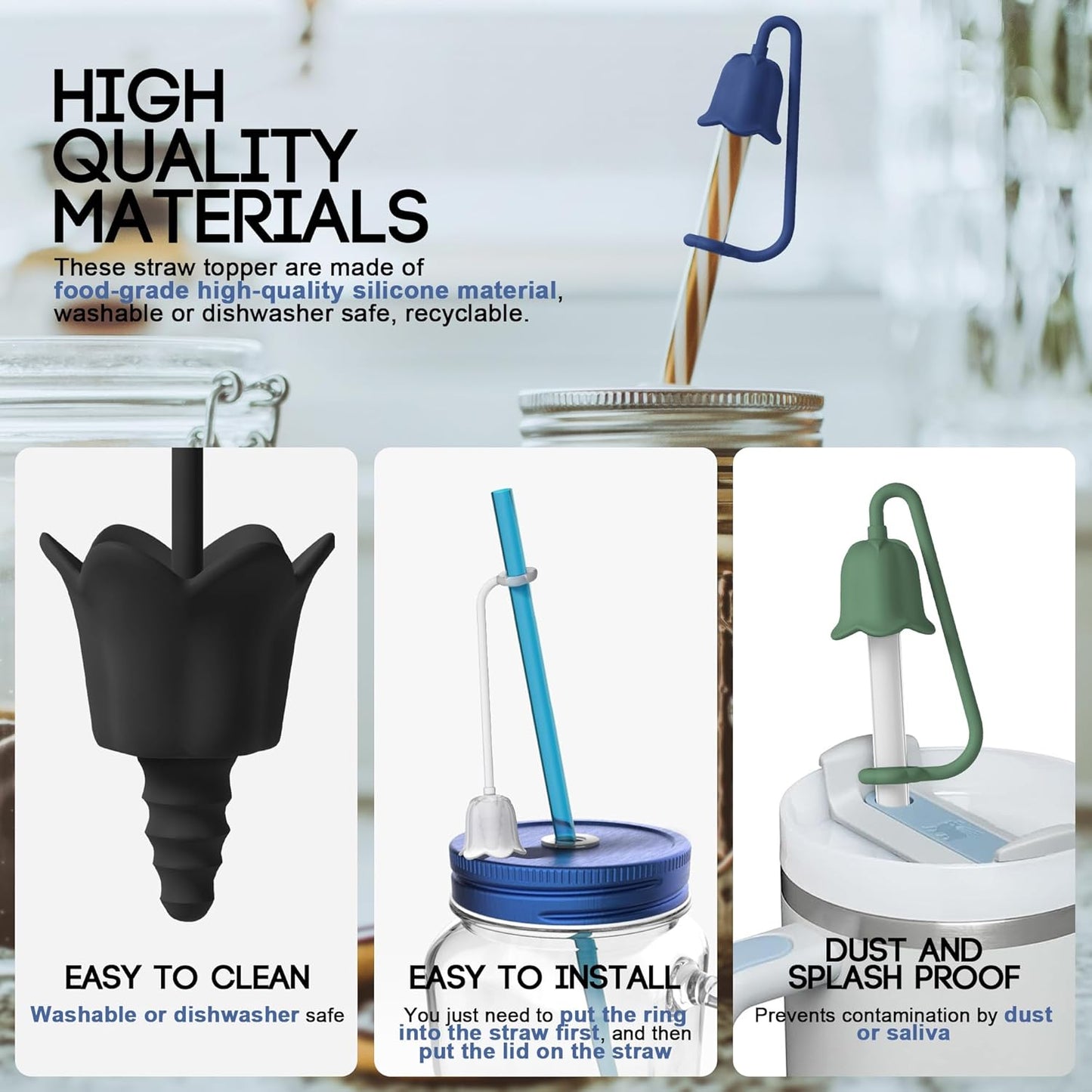 5Pcs Silicone Straw Cover Cap for Stanley Tumbler Cup, Reusable Drinking Straw Covers Easy to Clean, Dust-Proof Flower Straw Topper Compatible for 6-10m/0.23-0.4inch Straws (Multi color C)