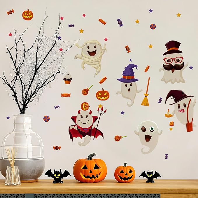 6 Sheet Halloween Stickers Clings Cute Ghost Decals Decor for Kids, Vintage Ghost Evil Pumpkin Reusable Window Stickers for Halloween Party Supplies Home Glass Decorations