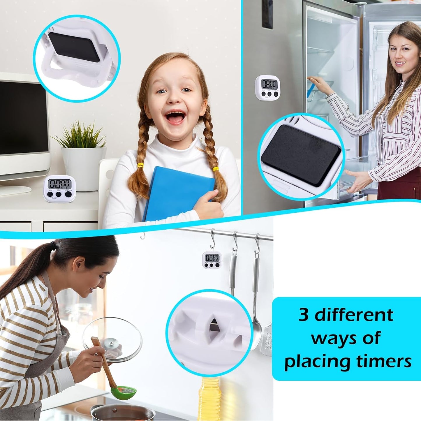 Leumoi 24 Pcs Digital Kitchen Timers Magnetic Back Timers Bulk Large Screen Loud Alarm On/Off Switch Minute Second Count up Countdown Memory Setting for Cooking Classroom Exercise (White and Black)