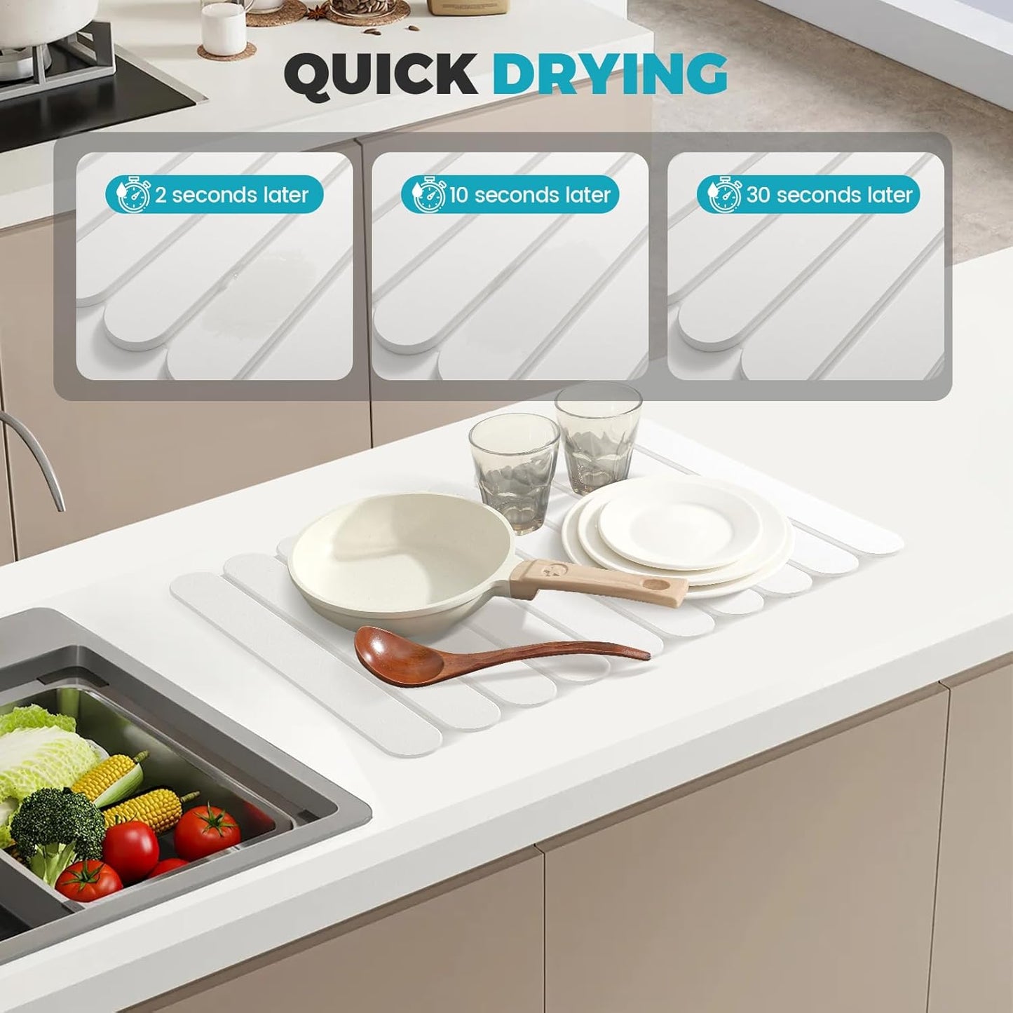 Extral Large Quick Dry Stone Drying Mat for Kitchen Counter,24"(L)x16"(W) Collapsible Eco-Friendly Absorbent Diatomaceous Earth Mat for Dishes Cups,Dish Drying Mats (White-Ellipse, 24x16 inch)