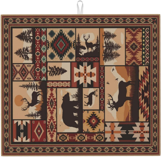 Western Wildlife Geometric Dish Drying Mat for Kitchen Counter, 16" x 18" Absorbent Microfiber Foldable Drying Pad for Dishes, Absorption, Washable, Decorative Rustic Kitchen Mat for Sink, Home Decor