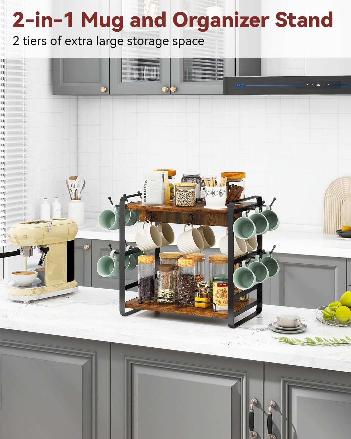 IBUYKE Coffee Bar Station Countertop Organizer,2 Tier Kitchen Mug Cup Holder Stand,Wooden Coffee Mug Organizer with 18 Hooks,Multifunctional Mug Tree for Home Kitchen, Office,Vintage Brown UTBJ006H