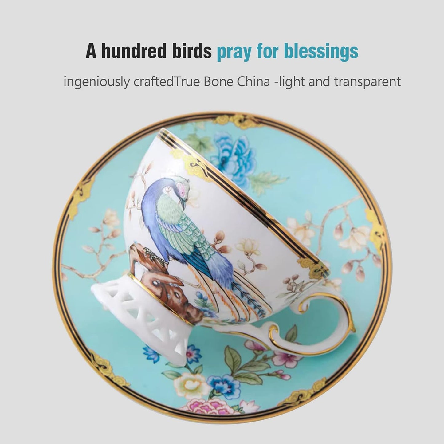 ACMLIFE Fine Bone China Tea Set with Teapot, Porcelain Tea Sets for Adults, 21-Piece Vintage Tea Set for 6, 24K Gold Blue English Floral British China Tea Sets for Women Tea Party for Gifts