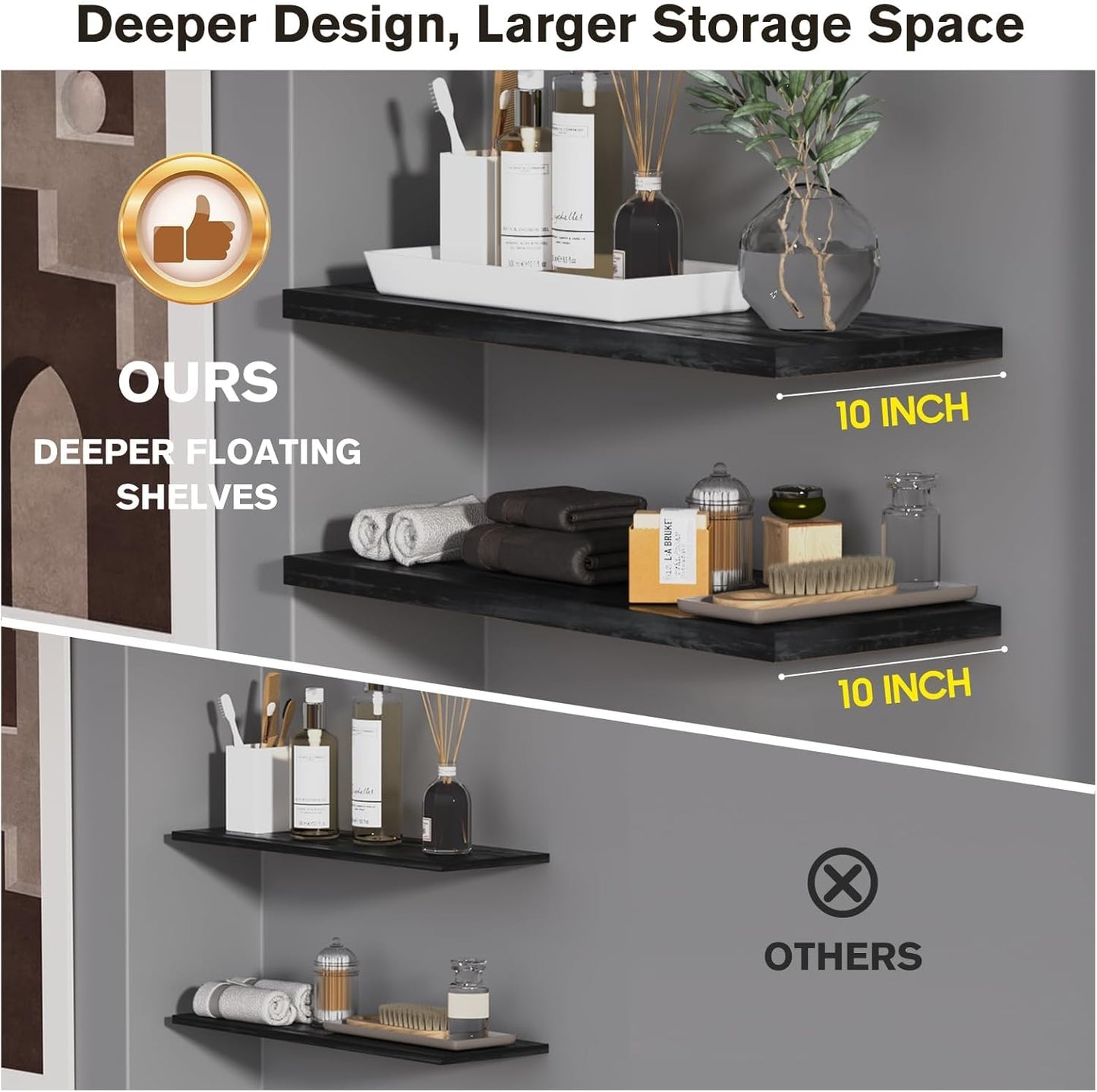 Wall Shelf Set of 2,Dark Wood Floating Shelves 30 in W x 10 in D x 1 in H, Wooden Floating Wall Shelf with Invisible Brackets for Living Room/Bedroom/Bathroom/Kitchen Storage and Decor