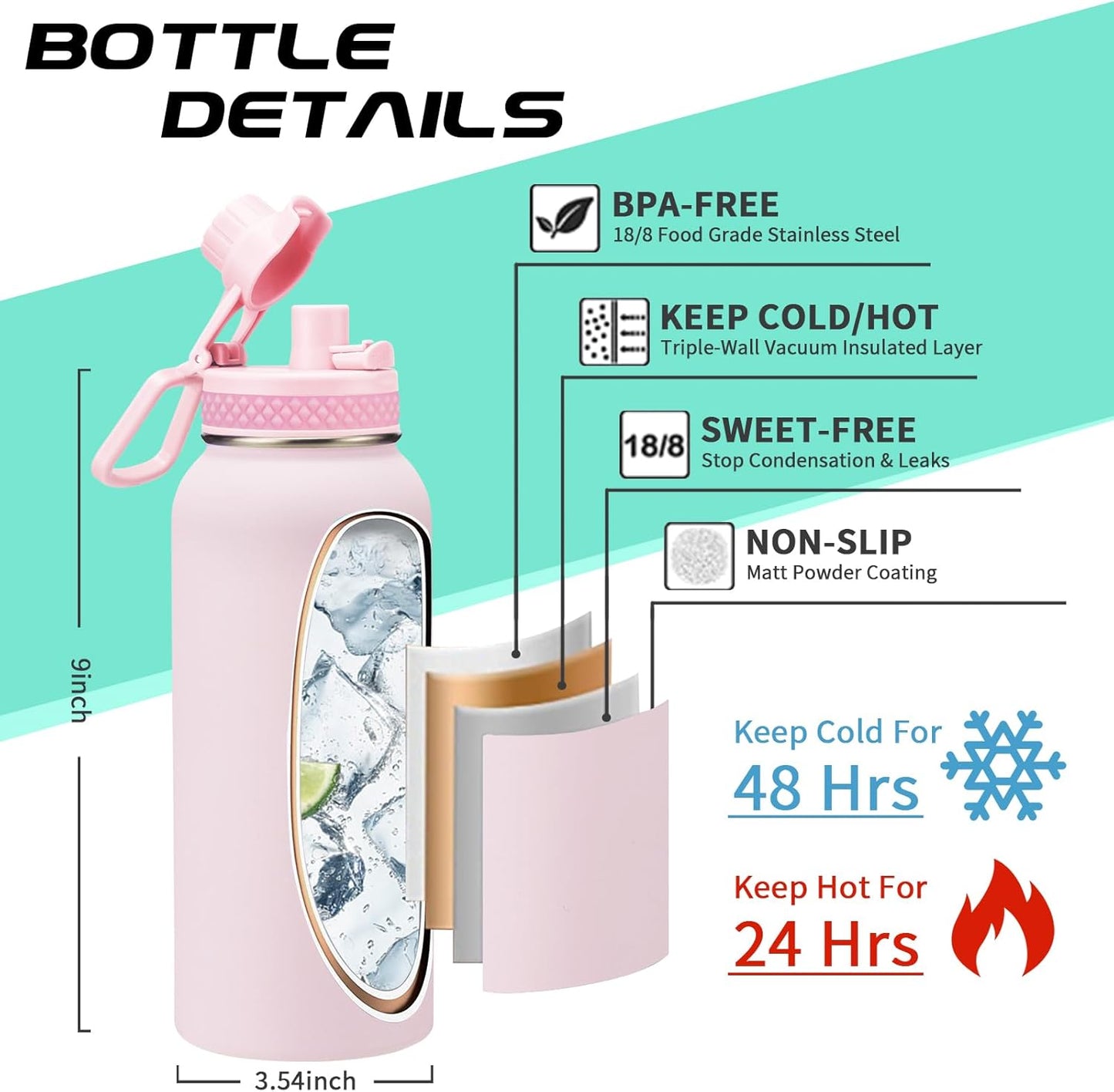32 OZ Water Bottles with Straw, Storage Carrier Bag, Paracord Handle & Chug Lid, BPA-free Vacuum Insulated Water Bottle 32oz, Keep Cold 48Hrs & Hot 24Hrs, Stainless Steel Hydro Sports Office Travel